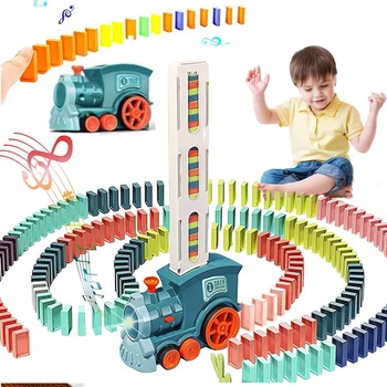 전기 자동 도미노 기차 장난감 랠리, 창의적인 재미있는 레이아웃 세트, 어린이 게임 빌드 및 스택