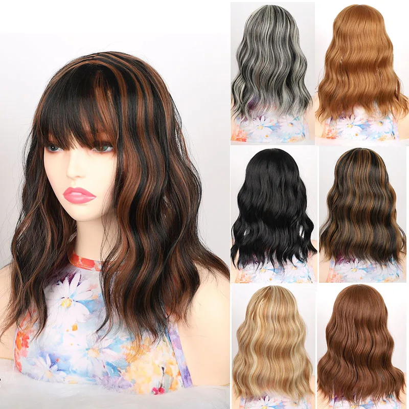 

Jeedou Toupee Hair For Women Synthetic Short Wavy Hair Bundles With Irregular Bangs Closure Hair 4Clips Simple Wig Black Brown