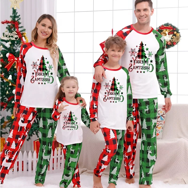 

2023 Christmas Family Matching Outfits Plaid Father Mother Kids Pajamas Set Xmas Tree Daddy Mommy and Me Pj's Clothes Tops+Pants