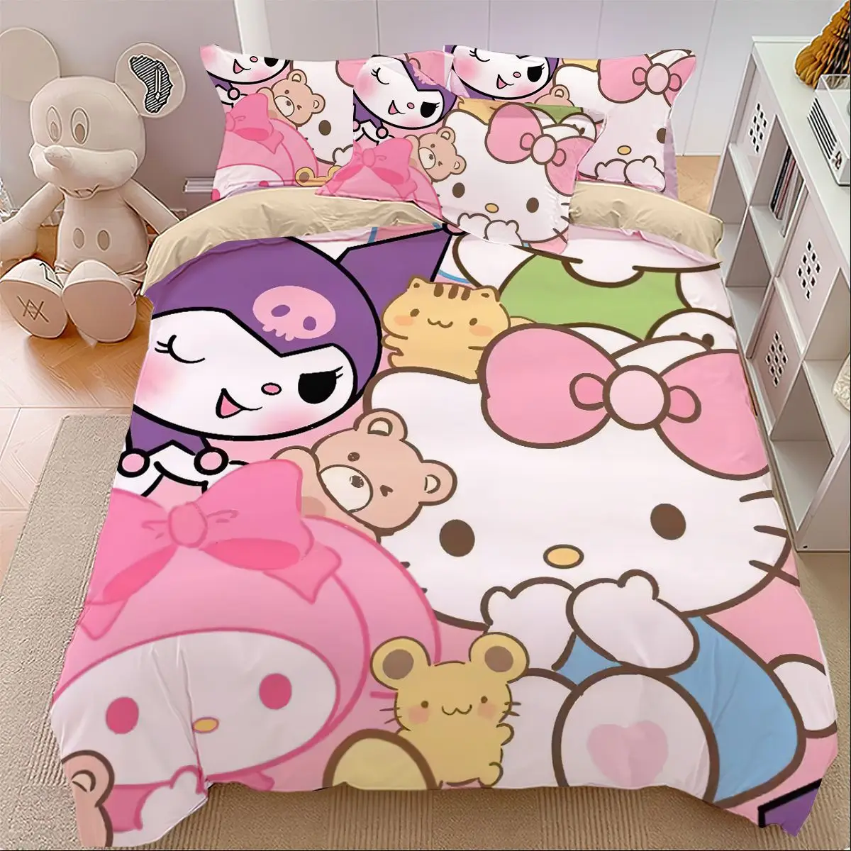 

Новинка Sanrio из чистого хлопка из трех частей аниме Kuromi My Melody KT Cat Cinnamoroll наволочка пододеяльник простыня детское постельное белье подарок