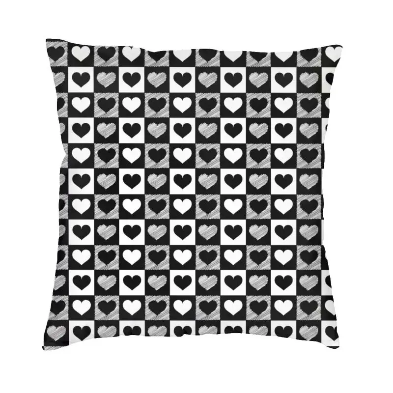 

Checkerboard Hearts Pattern Cushion Cover 45x45cm Black And White Checkered Velvet Cute Pillow Cases Decoration Salon
