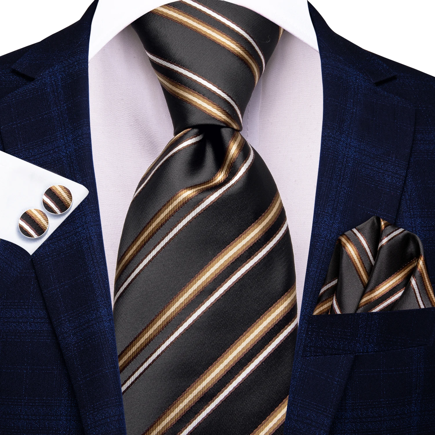 

Hi-Tie Striped Golden Black Men Tie Jacquard Necktie Accessory Daily Wear Cravat Wedding Business Party Hanky Cufflink Wholesale