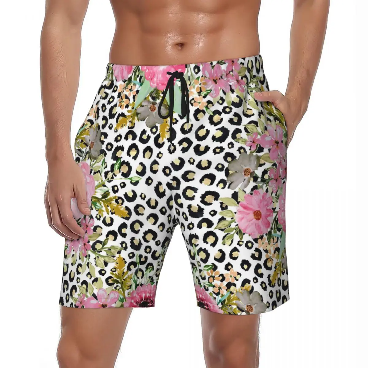 

Swimsuits Elegant Floral Leopard Board Shorts Summer Pink Flower Print Vintage Board Short Pants Males Sports Surf Swim Trunks