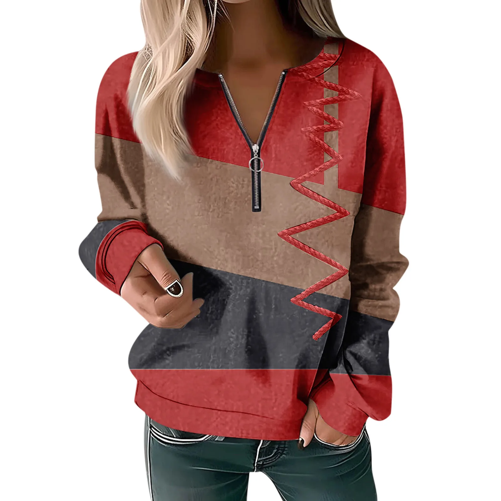 

Женский свитшот, пуловер, базовый, с молнией на четверть, желтый, красный, синий, уличный топ с V-образным вырезом и длинным рукавом, повседневный осенний пуловер, популярная информация