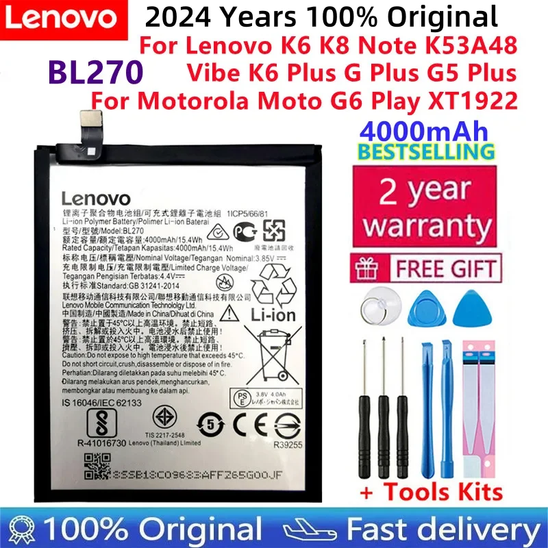 

100% оригинальный для Lenovo K6 K8 Note K53a48 Vibe K6 G G5 Plus 4000 мАч BL270 Аккумулятор для Motorola Moto G6 Play xt3528 + наборы инструментов
