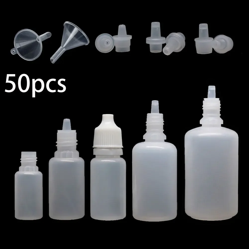 

50pcs x 5ml-100ml Empty Squeezable Dropper Bottles PE Eye E Liquid Juice Oil Dropper Containers + Mini Funnels