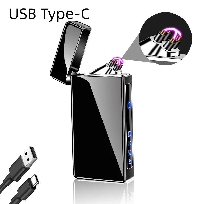 

Windproof Metal Lighter Dual Arc Flameless Plasma Rechargeable USB Type-C Lighter LED Power Display Touch Sensor Lighter
