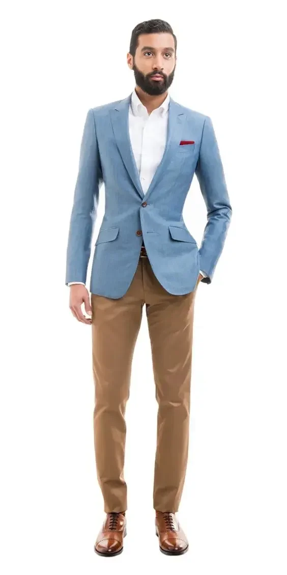 

2024 High Quality Causal Men Suit Slim Fit 2 Piece Blazer Sky Blue Jacket Khaki Pants Male Wedding High Street Costume Homme