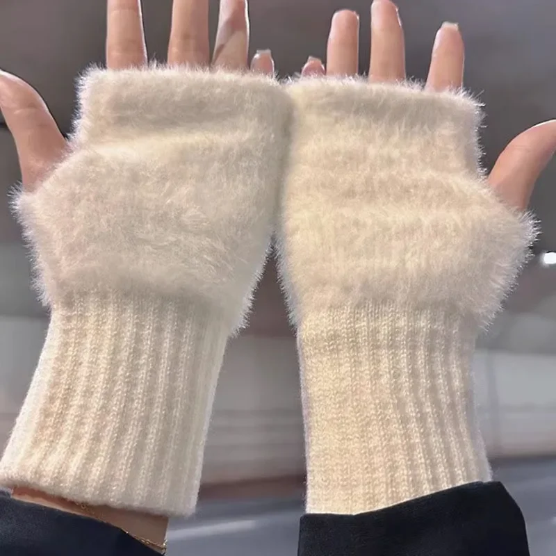 

Women Warm Fleece Soft Winter Half Finger Gloves Warm Luxury Solid White Plush Knitted Fingerless Gloves Wrist Mittens Writting