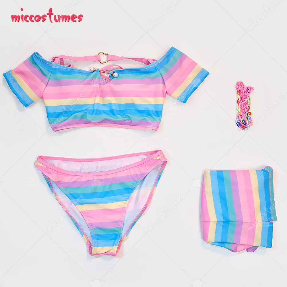 Women Iridescence Rainbow Stripe Swimwear Off-the-shoulder Bathing suit Halter Top and Shorts Bikini Sets Women Iridescence Rainbow Stripe Swimwear Off-the-shoulder Bathing suit Halter Top and Shorts Bikini Sets