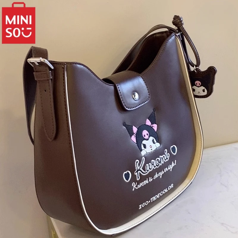 

MINISO Sanrio 2024 New Kawaii Kuromi Shoulder Bag Original Embroidery Style Cute Women's Handbag Pu Series Girl's Birthday Gifts