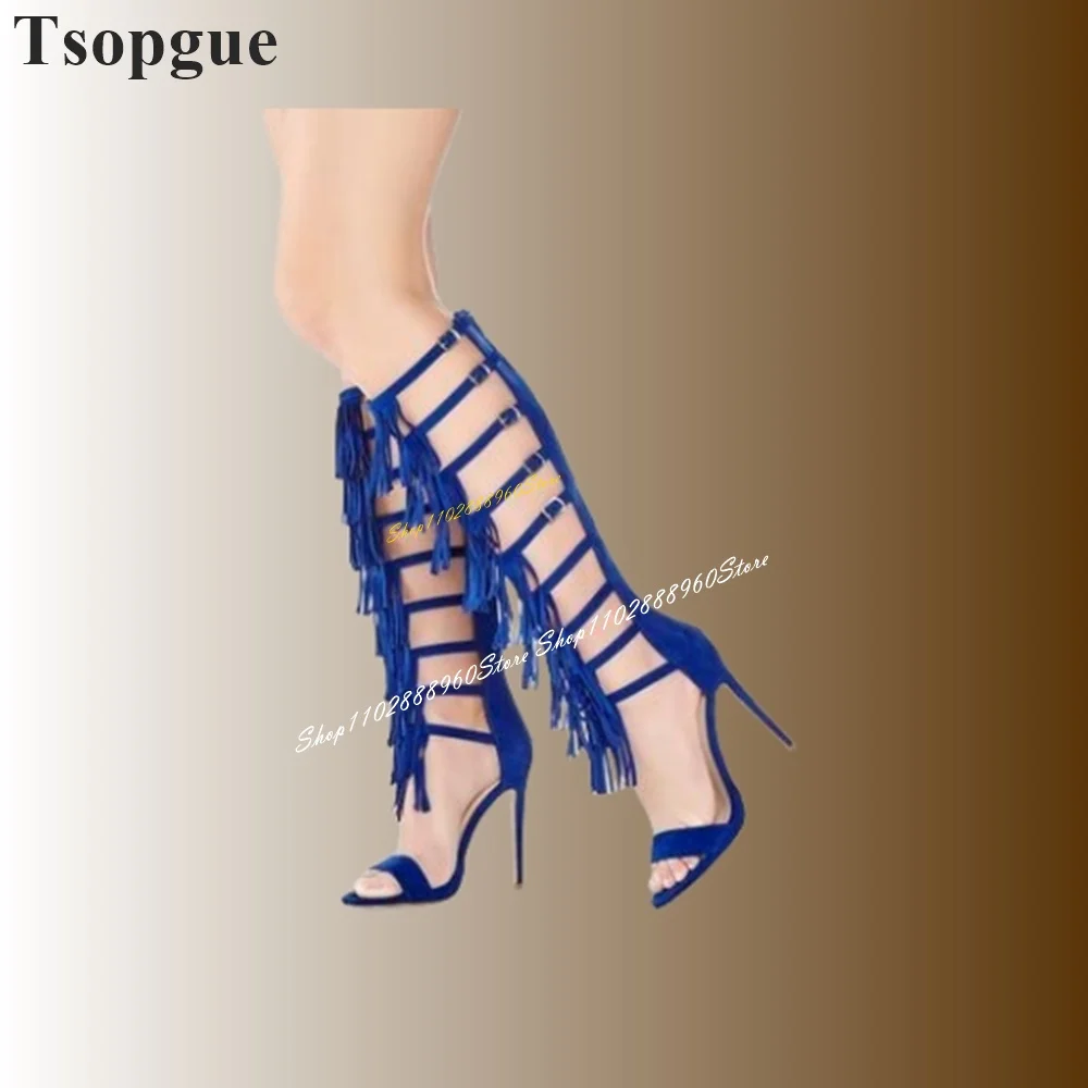 

Casual Blue Flock Fringe Strappy Sandal Boots Thin High Heel Women Shoes Back Zipper Open Toe 2024 Fashion Zapatos Para Mujere