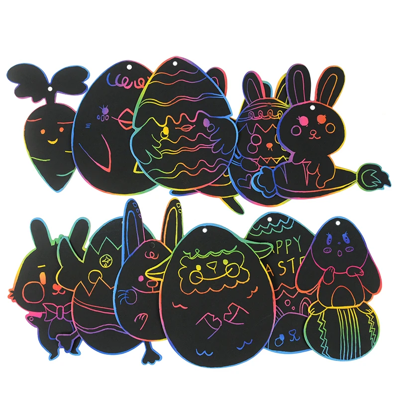 

12pieces Easter Gifts Magic Scratch Art Graffiti Rainbow Color Cartoon Scratch Painting Easter Holiday Party Decor Accessories