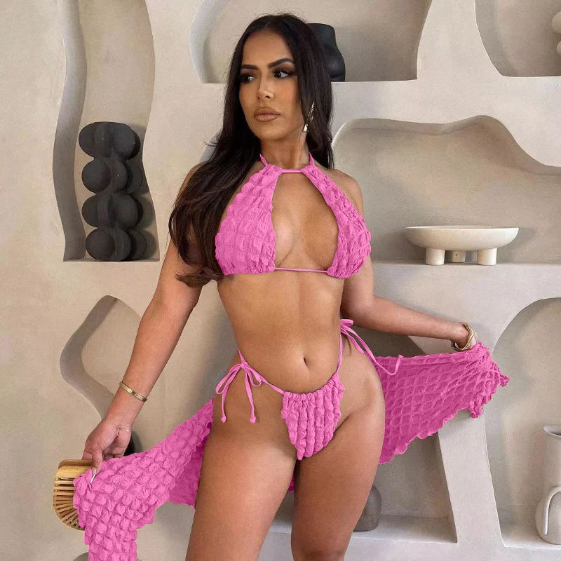 Seersucker Popcorn 3 Piece Bikini Sets Women Sexy Hollow Out Lace Up Halter Backless Crop Tops + Panties + Bandage Mini Skirts
Seersucker Popcorn 3 Piece Bikini Sets Women Sexy Hollow Out Lace Up Halter Backless Crop Tops + Panties + Bandage Mini Skirts