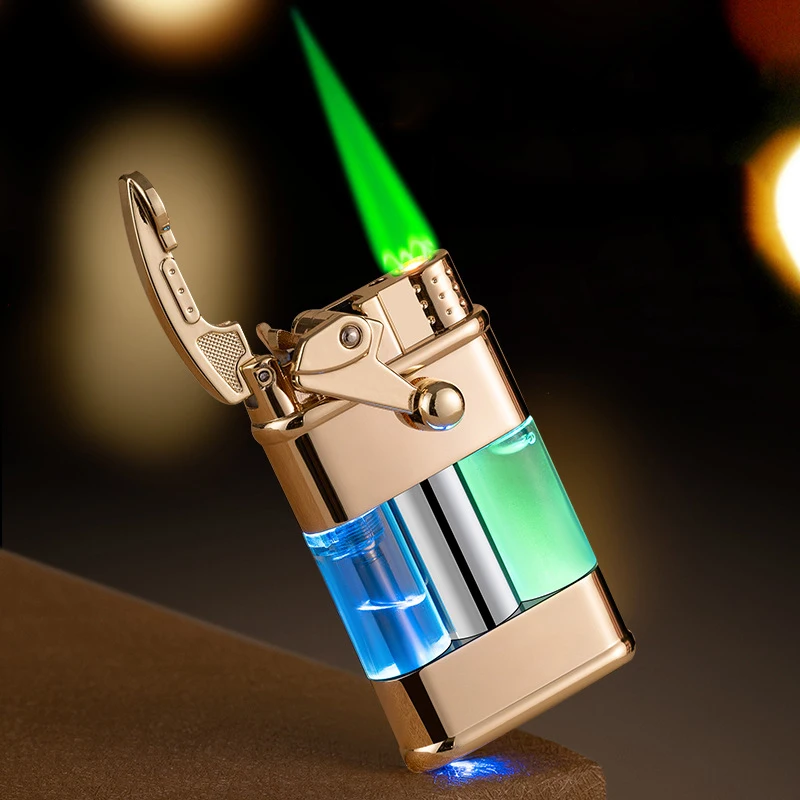 

New Creative Windproof Gas Lighter Metal Green Light Butane Jet Flame Torch Cigar Cigarette Lighter Rocker Ignition Men's Gift