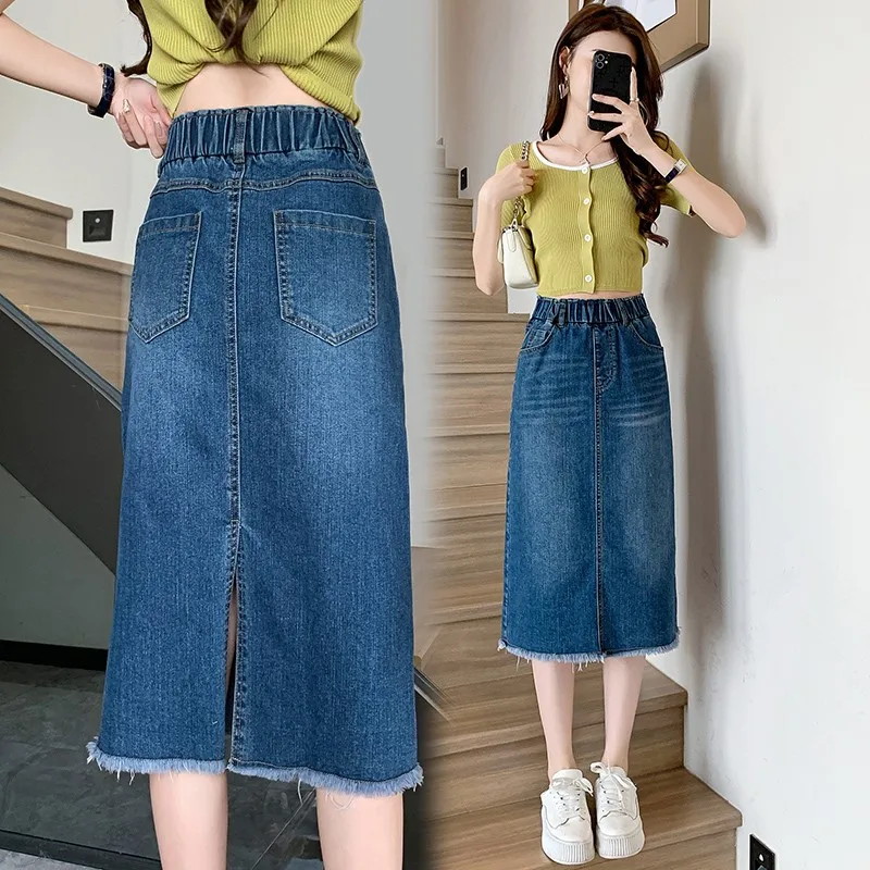 

2024 New Arrival Spring/summer Korean Style Women Casual Loose All-matched High Waist A-line Mid-calf Cotton Denim Skirt V882