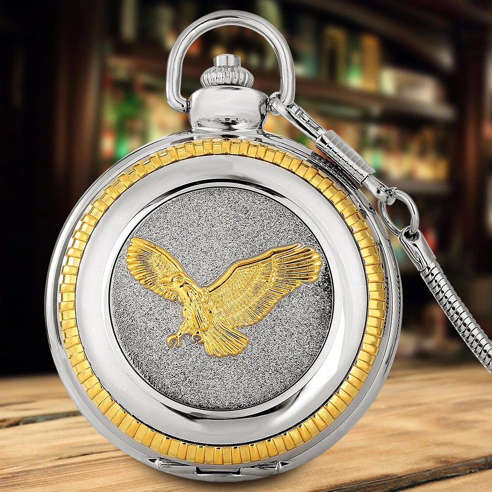 

Roman Numerals Display Elegant Vintage Quartz Fob Chain Pocket Watch Silver Gold Flying Eagle Design Luxury Antique Clock Men