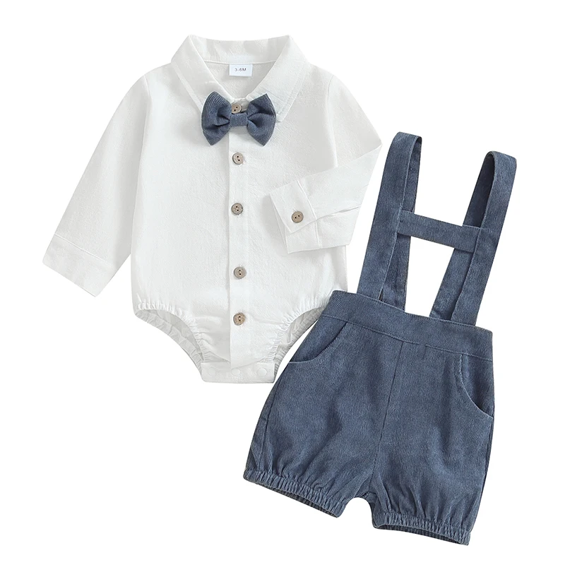 Baby Boy Gentleman Outfit Solid Color Long Sleeve Lapel Neck Romper with Suspender Shorts and Bow Tie 3 Pcs Set
Baby Boy Gentleman Outfit Solid Color Long Sleeve Lapel Neck Romper with Suspender Shorts and Bow Tie 3 Pcs Set