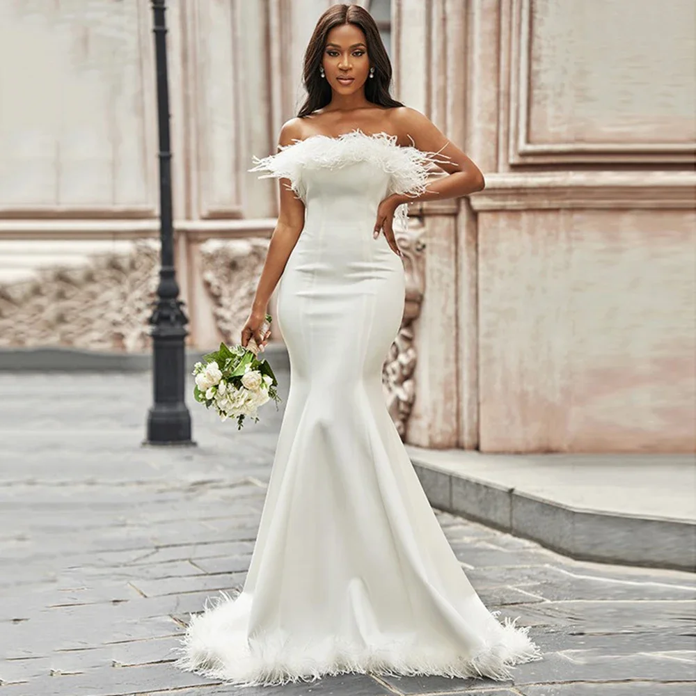 Elegant Strapless Wedding Dresses Sexy Backless Sweep Train Bride Dress 2022 New Feather Mermaid Bridal Gown Robe de mariée
Elegant Strapless Wedding Dresses Sexy Backless Sweep Train Bride Dress 2022 New Feather Mermaid Bridal Gown Robe de mariée