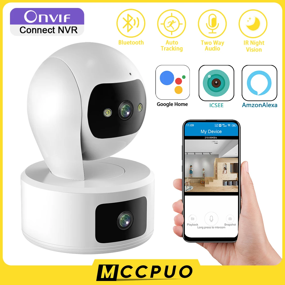 

Mccpuo 6MP Dual Lens WIFI PTZ Camera Dual Screen AI Auto Tracking Indoor 4MP Secuity CCTV Surveillance IP Camera ICSEE PRO Alexa