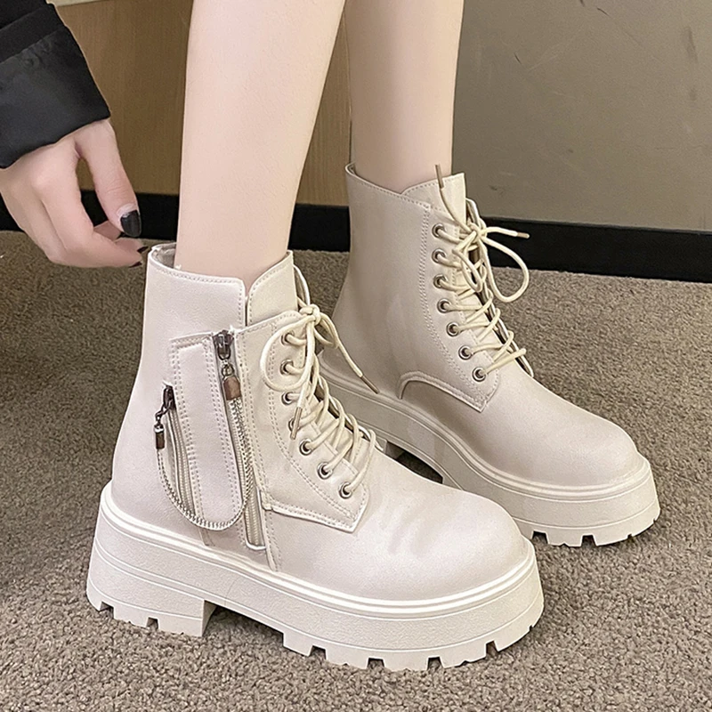 

Autumn 2023 Chunky Platform Combat Boots Women Metal Chains PU Leather Ankle Boots Woman Thick Bottom Lace Up Punk Short Booties