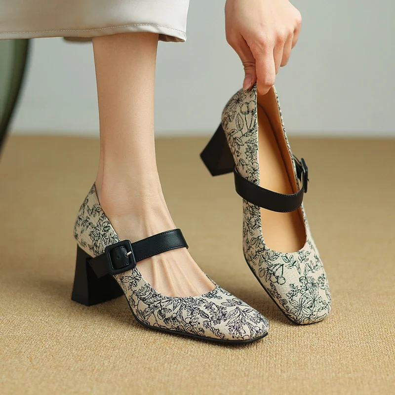 

2024 new summer women sandals natural leather shoes 22-24.5cm Printed fabric+sheepskin+pigskin buckle Mary Jane shoes high heel