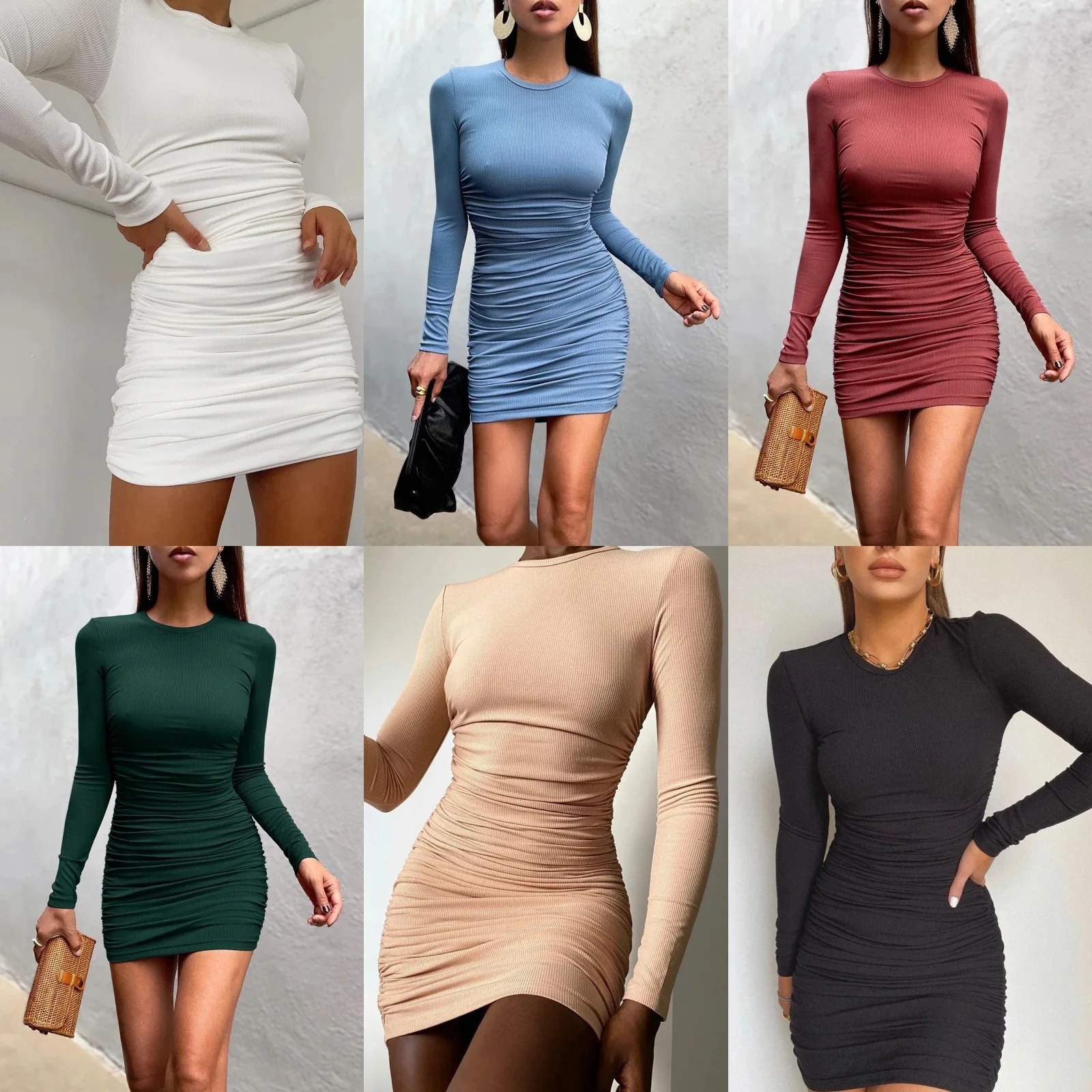 

Fashionable Long Sleeve Knitted Backed Round Neck Women's Dress Pleated Tight Street Sexy High Waist Dress, Commuter Apparel