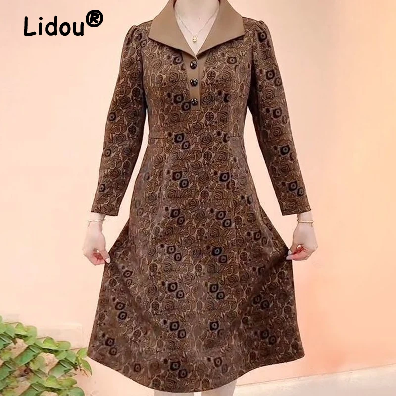 

Middle-aged Elderly Women Clothing Autumn Winter Fashion Vintage Print Elegant Midi Dress Casual Pocket Long Sleeve Slim Dresses