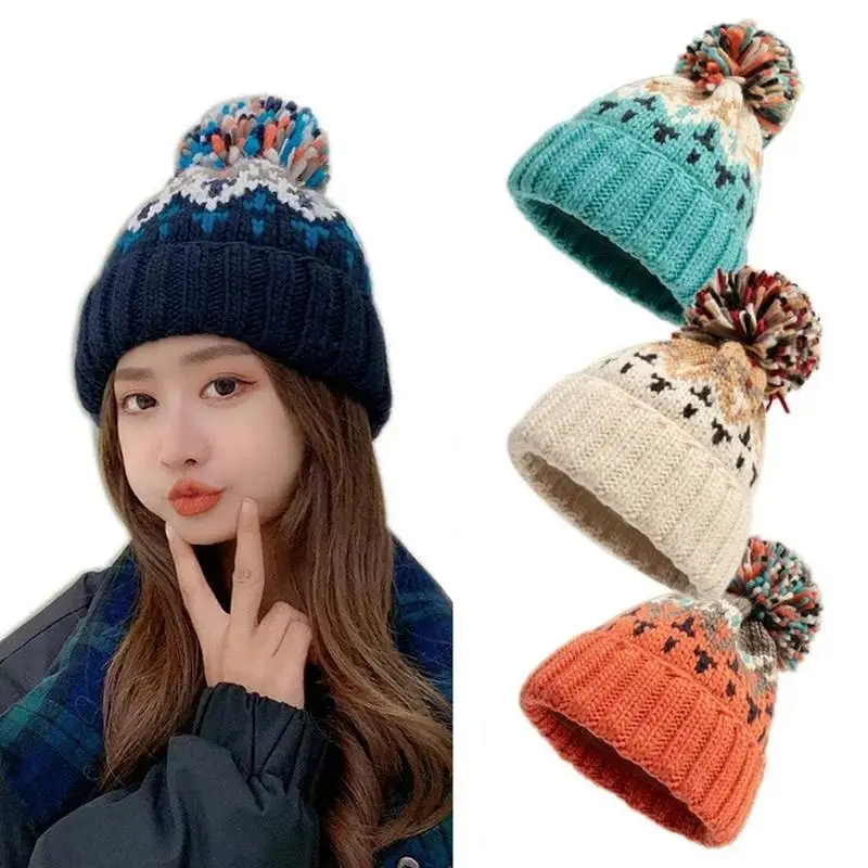 

Colorful Chritmas Beanie with Pom Pompom Hat Knit Hat with Pompom Soft Hat Warm Hat Snow Hat Pompom Beanie for Women and Girls