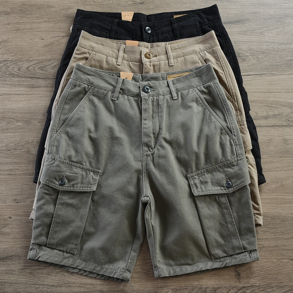 

2024 Summer New American Retro Woven Twill Cargo Shorts Men's 100% Cotton Washed Heavyweight Casual Straight Five-point Pants
