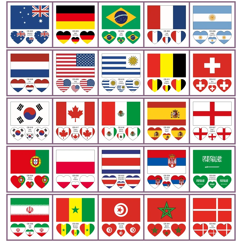 10Pcs/Set Waterproof Temporary Tattoo National Flag Regional Fake Tattoo Sticker Disposable Women Men Game Activities Makeup
10Pcs/Set Waterproof Temporary Tattoo National Flag Regional Fake Tattoo Sticker Disposable Women Men Game Activities Makeup