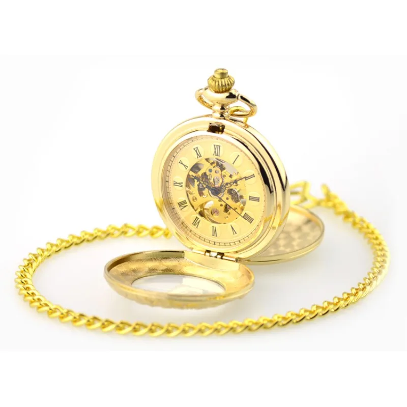 

Golden Tone Double Open Case Steampunk Hollow Cover Roman Number Dial Men's Hand Wind Mechanical Pocket Watch W/ Chain Nice Gift