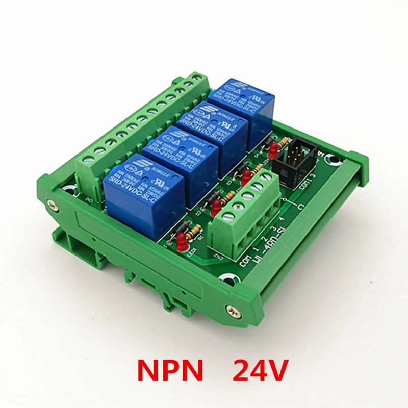 

DIN Rail Mount 4 Channel NPN Type 24V 10A Power Relay Interface Module,SONGLE SRD-24VDC-SL-C Relay.