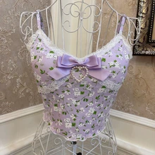 Sweet Girl Ins Purple Floral Bow Heart-Shaped Cropped Tops Ladies 2024 Summer New Lolita Lace Slim Fit Short Padded Strap Vest