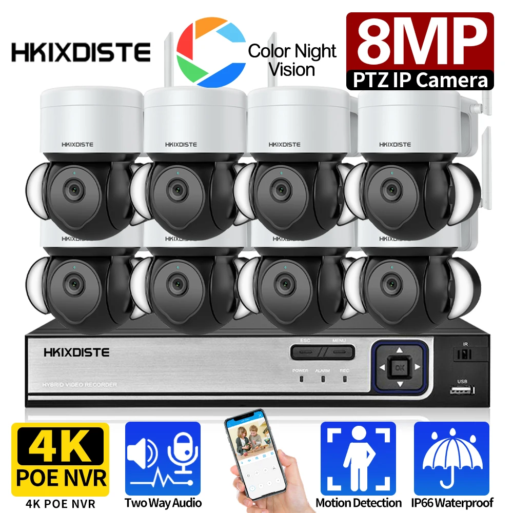 

8MP HD WiFi PTZ Floodlight Camera Outdoor Human Detect Alert Two-way Audio Color Night Vision CCTV 4K 10CH POE NVR System Xmeye