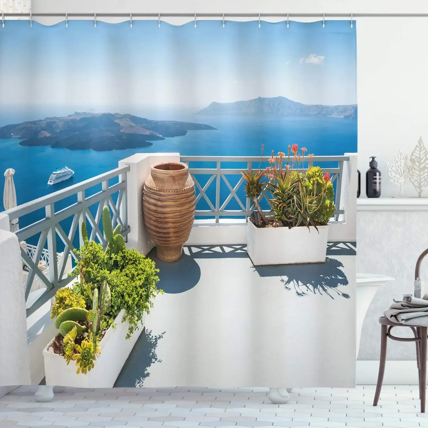 

Ocean Landscape Shower Curtains Sea Island Flowers Plants Mediterranean Nature Scenery Polyester Cloth Bathroom Decor with Hooks