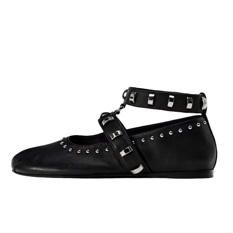 Vintage Rivet Designer Flats Shoes Women Punk Style Metal Belt Buckle Ballet Flats Black Comfortable Soft Leather Casual Shoes 5 S05af221323bb439cba9e02d786b2e5288