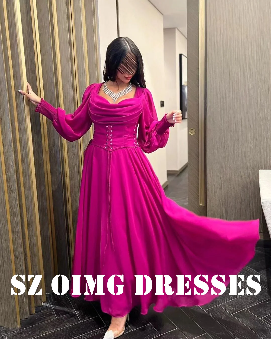 

OIMG New Design Cowl Neck Prom Dresses Saudi Arabic Women Chiffon A-Line Long Sleeves Fuchsia Evening Gowns Formal Party Dress