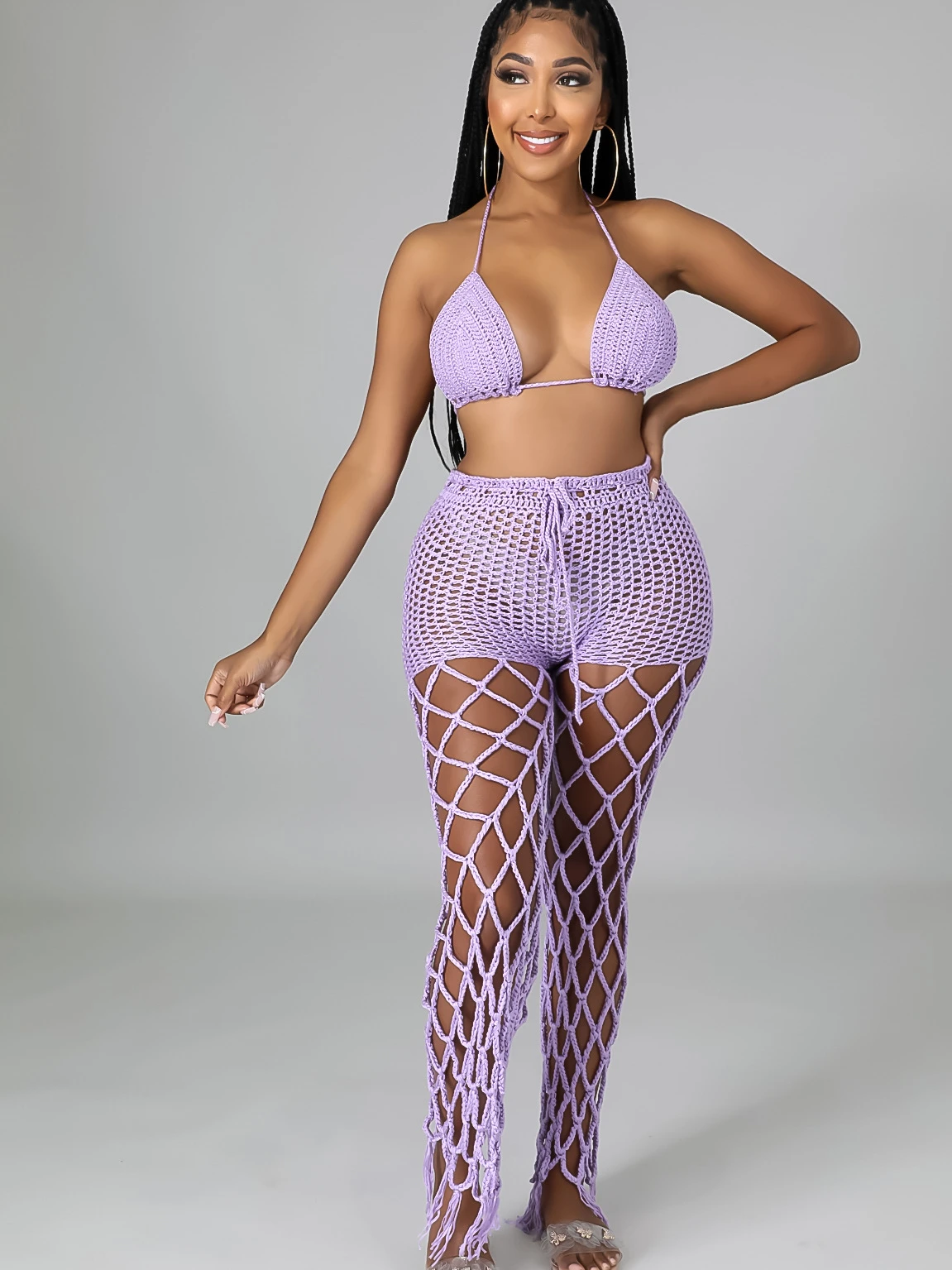 

Sexy Beach Style Contrast Gini Set Women Knitted Fishnet Bra Hand-hooked Mesh Cutout Sheer Trousers Stylish Street Two-piece Set