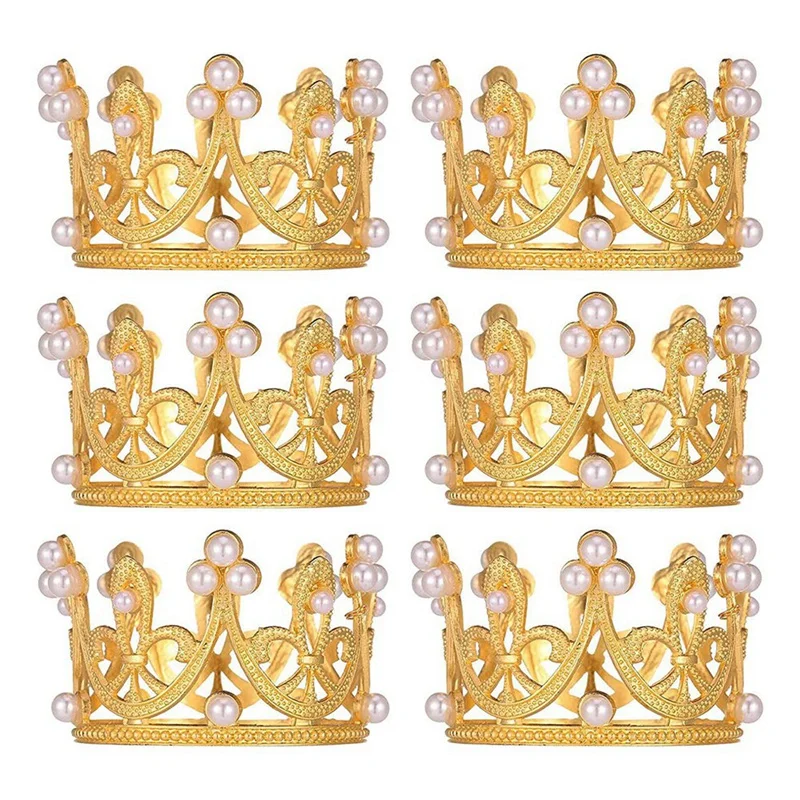 

6 шт., золотые искусственные топперы для торта, маленькие Кристальные жемчужные топперы для кексов, тиара, маленькие короны для кексов, многоразовые для свадьбы, дня рождения