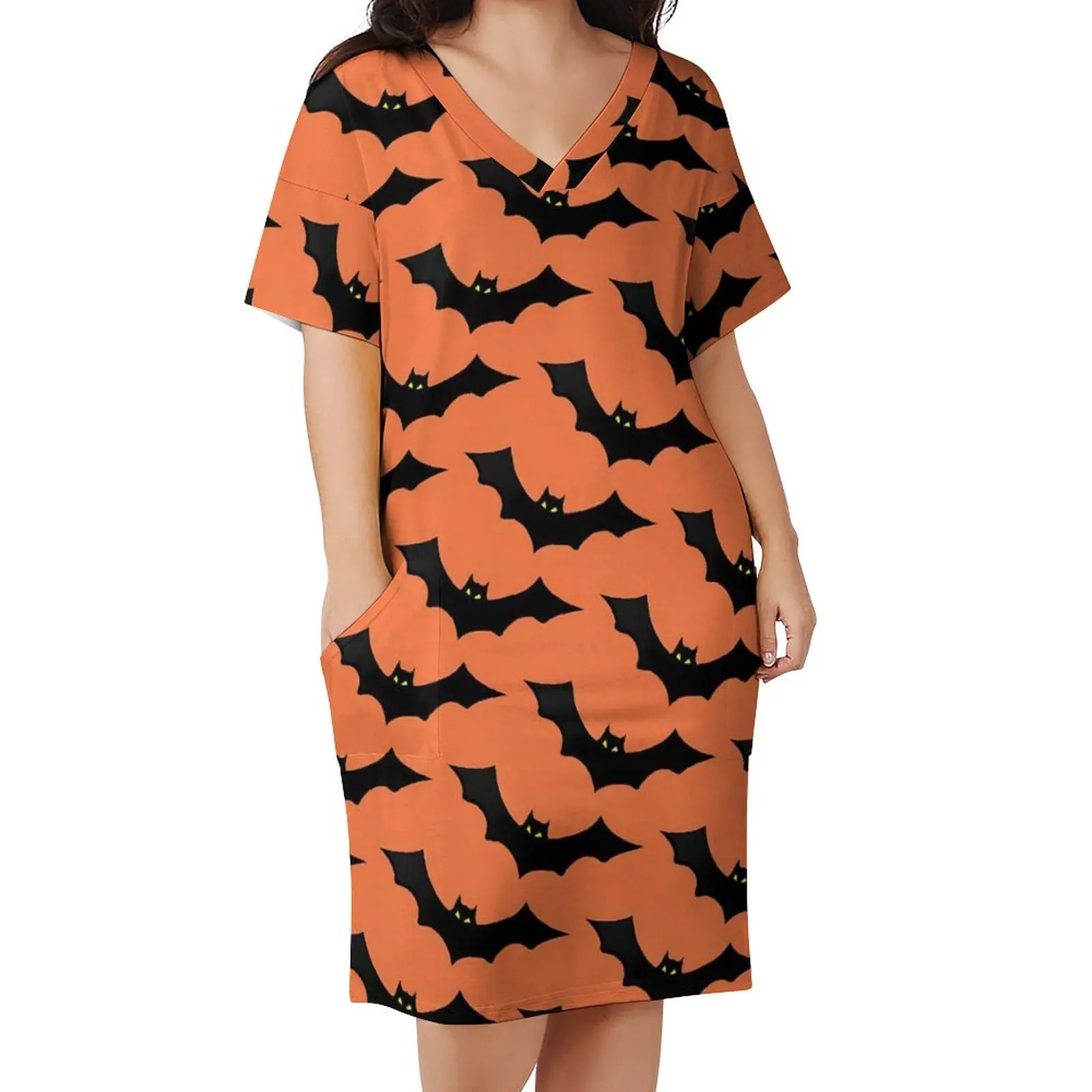 

Женское Повседневное платье на Хэллоуин, черное, оранжевое платье Летучая мышь, праздничное уличное платье с V-образным вырезом, индивидуальное платье большого размера 5XL