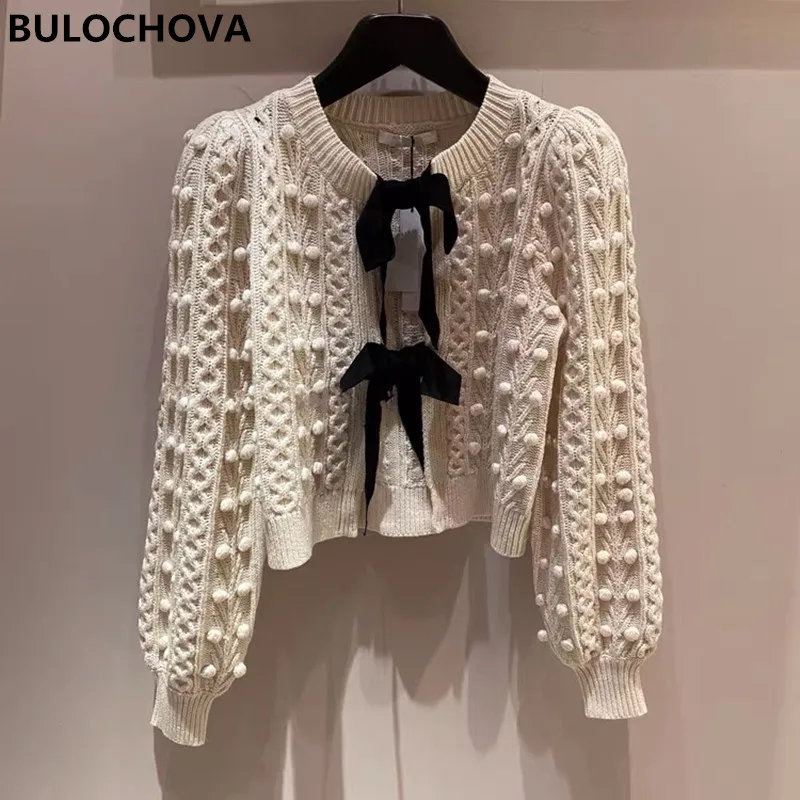 

BULOCHOVA Fall Winter Long Sleeve Lace-Up Loose Twist Knitted Sweaters Women Round Neck Bowknot Cardigan Wool Short Tops Female