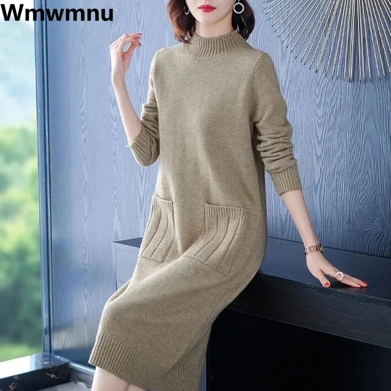 Half Turtleneck Thicken Knitted Dress Loose Sweater Dresses Casual Long Sleeve Midi Vestidos Elegant Winter Women Knitwear Robe
Half Turtleneck Thicken Knitted Dress Loose Sweater Dresses Casual Long Sleeve Midi Vestidos Elegant Winter Women Knitwear Robe