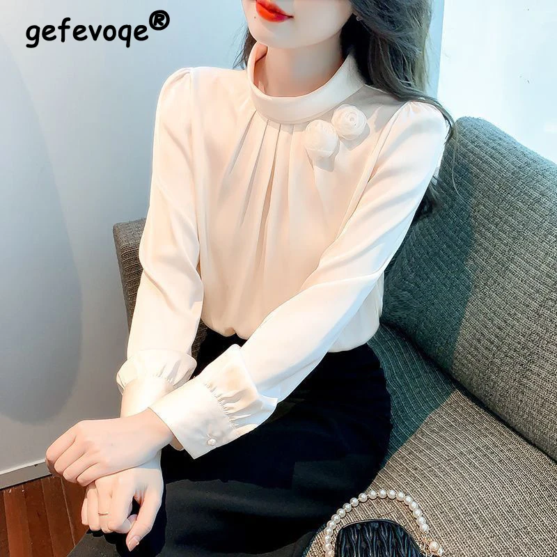 

Elegant Chic Sweet Solid Ruffle 3D Rose Floral Top Blouse Women 2023 Spring Autumn Korean Fashion Long Sleeve Slim Shirts Blusas