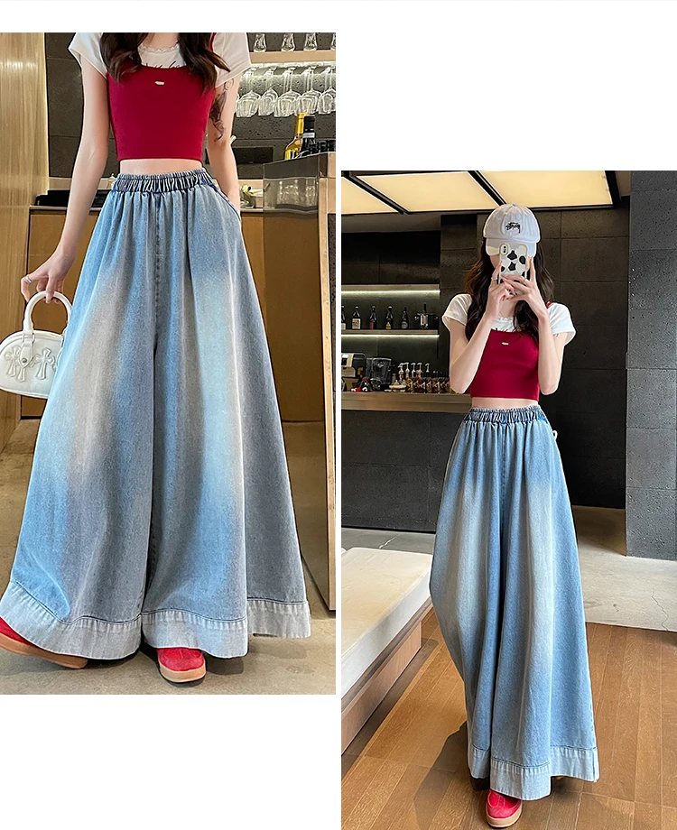 Summer Vintage Womens Loose Denim Wide Leg Pants Ladies Casual Elastic Waist Jeans Oversized Trousers Summer Vintage Womens Loose Denim Wide Leg Pants Ladies Casual Elastic Waist Jeans Oversized Trousers