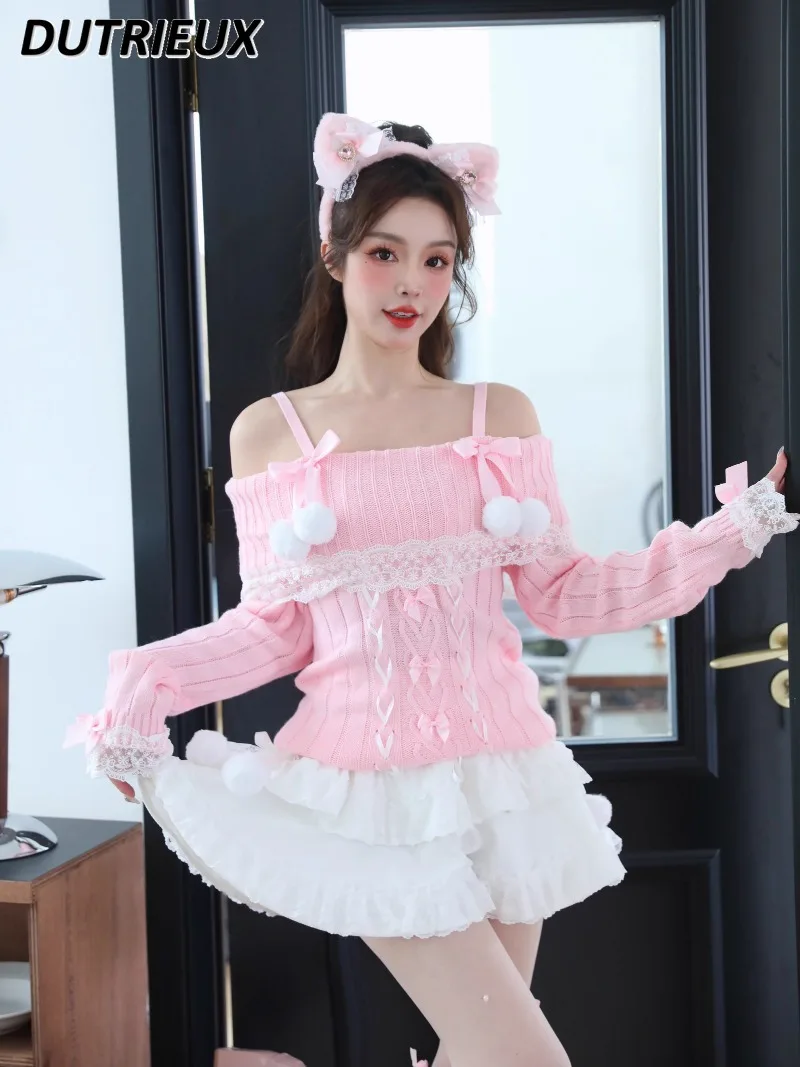 

Sweet Princess Bowknot Cross Bandage Pullover Fur Ball Lace Edge Flare Long Sleeve Off-Shoulder Pink Top Cable-Knit Sweater