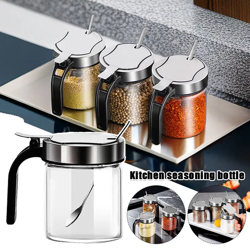 

Spices Glass Seasoning Jar with Spoon Sugar Bowl Salt Shaker Pepper Seasoning Container Kitchen Supplies Storage Set Spice Boxes