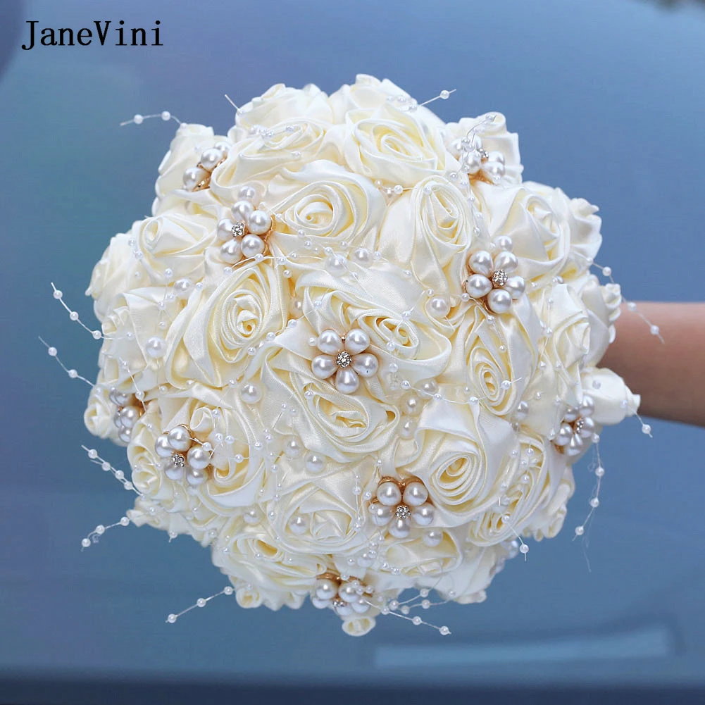 

JaneVini Customized Ivory Korean Bridal Brooch Bouquets with Pearls Artificial Satin Roses Wedding Bouquet Flower Buque De Noiva