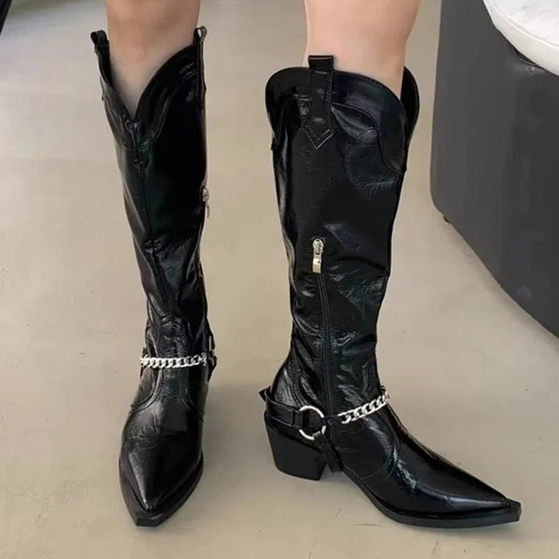 

Knee-high Boots Female 2023 Autumn New British Style Thick Heel Chain Pointed Head V Mouth Western Black Knight High Botas Mujer