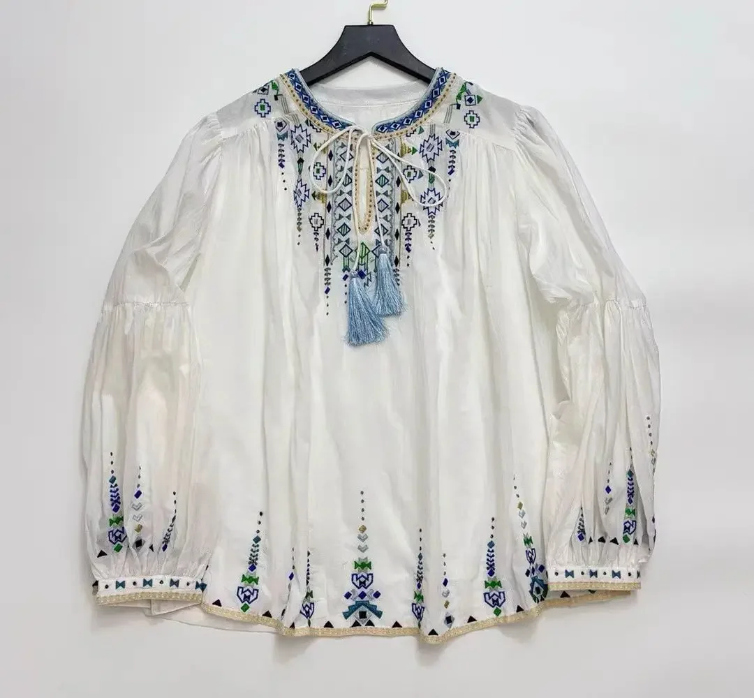 

Spring/Summer New French Vintage Pure Cotton Tassel Embroidery Fragmented Flower Lantern Sleeves Loose Women's Shirt